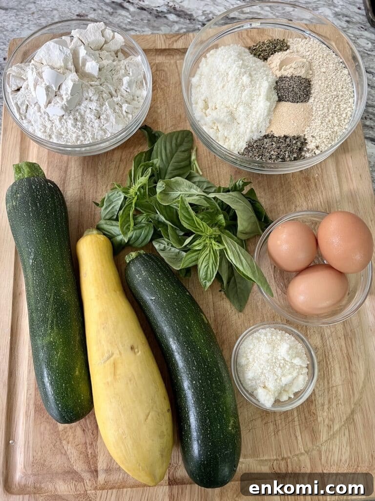 Ingredients for panko crusted zucchini on cutting board.