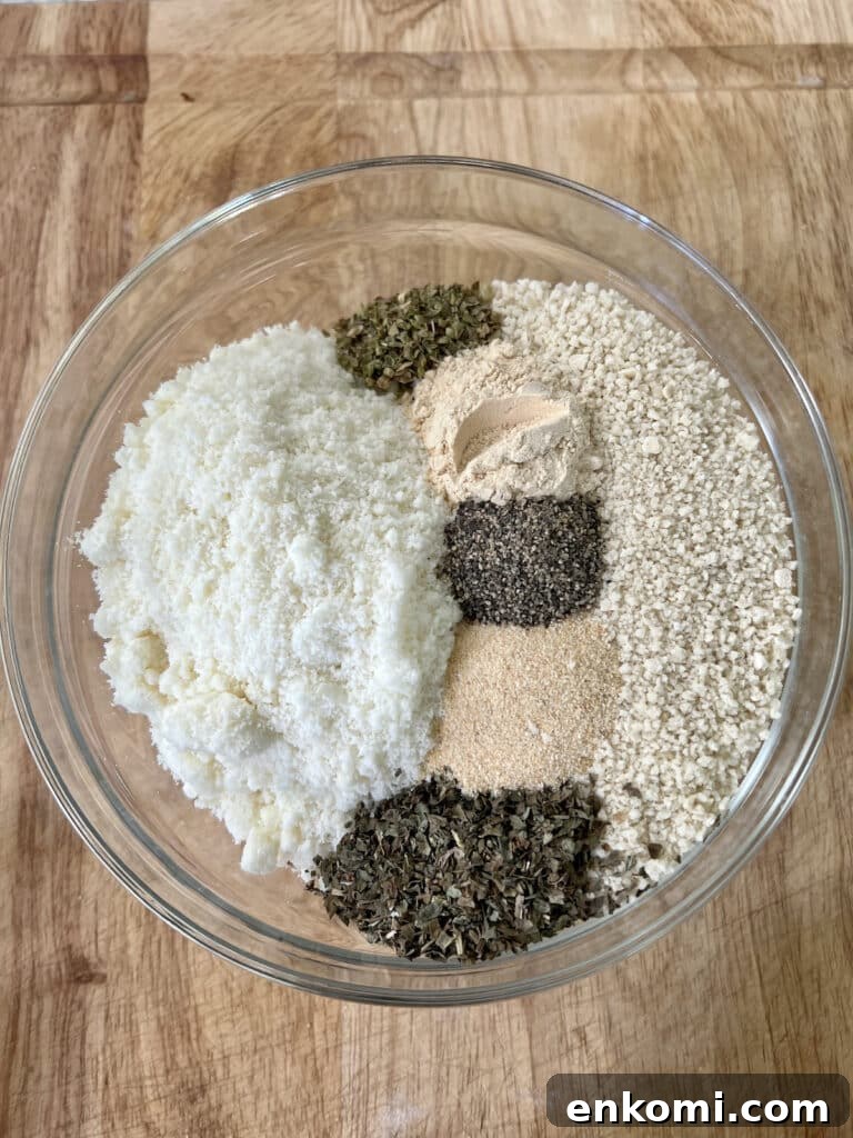 Breadcrumb ingredients in glass bowl.