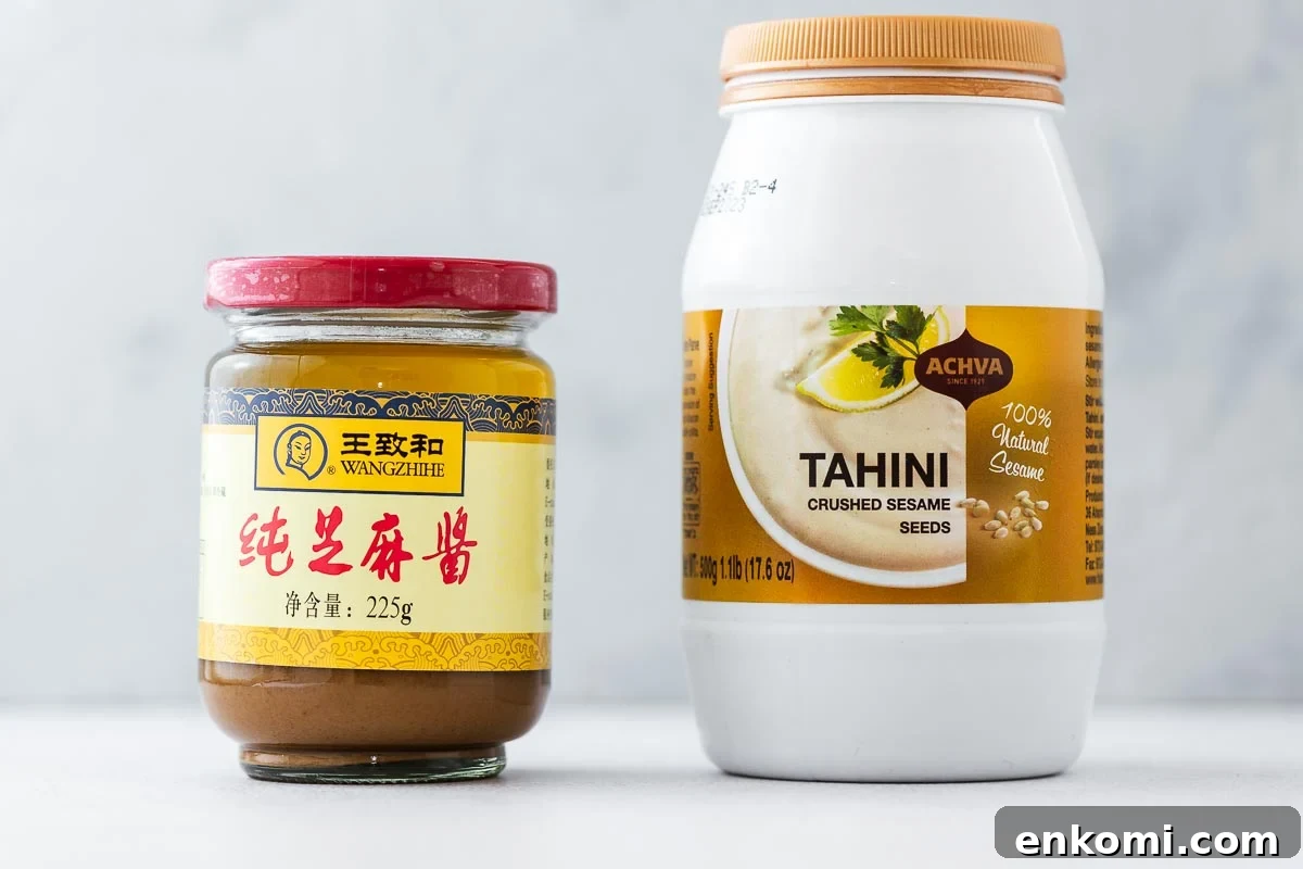 Miso Substitutes and Alternatives: What to Use — and What to Avoid 9 A glass jar of Chinese sesame paste next to a plastic jar of tahini.