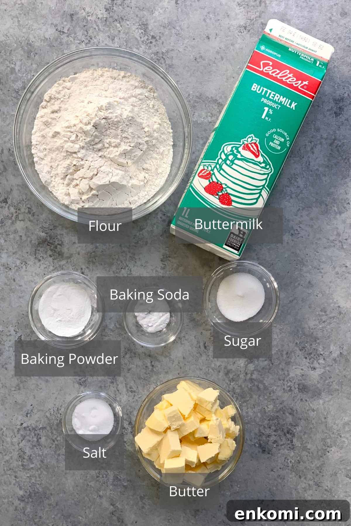 Popeyes-Style Buttermilk Biscuits: Copycat Recipe for Flaky Biscuits 3 Popeyes Biscuits ingredients on the counter.