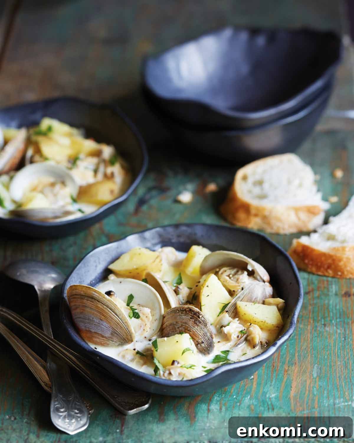 North Carolina-Style Clam Chowder Recipe: Creamy Coastal Flavor 2 Two bowls of North Carolina clam chowder with a torn slice of bread, two empty bowls, and several spoons beside them.