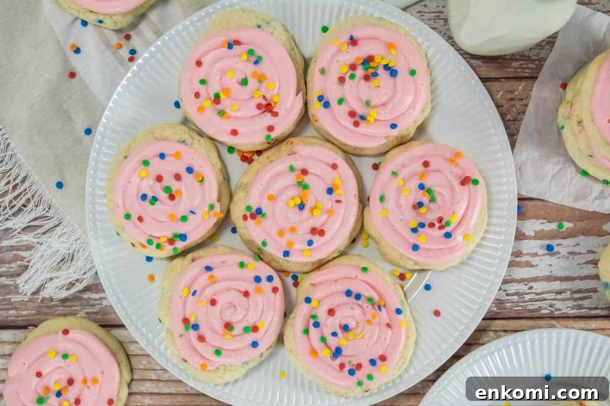 29 Fall Desserts That Bring Generations of Flavor Together 22 A plate of Copycat Crumbl Confetti Cake Cookies topped with pink frosting and multicolored sprinkles sits on a wooden table.