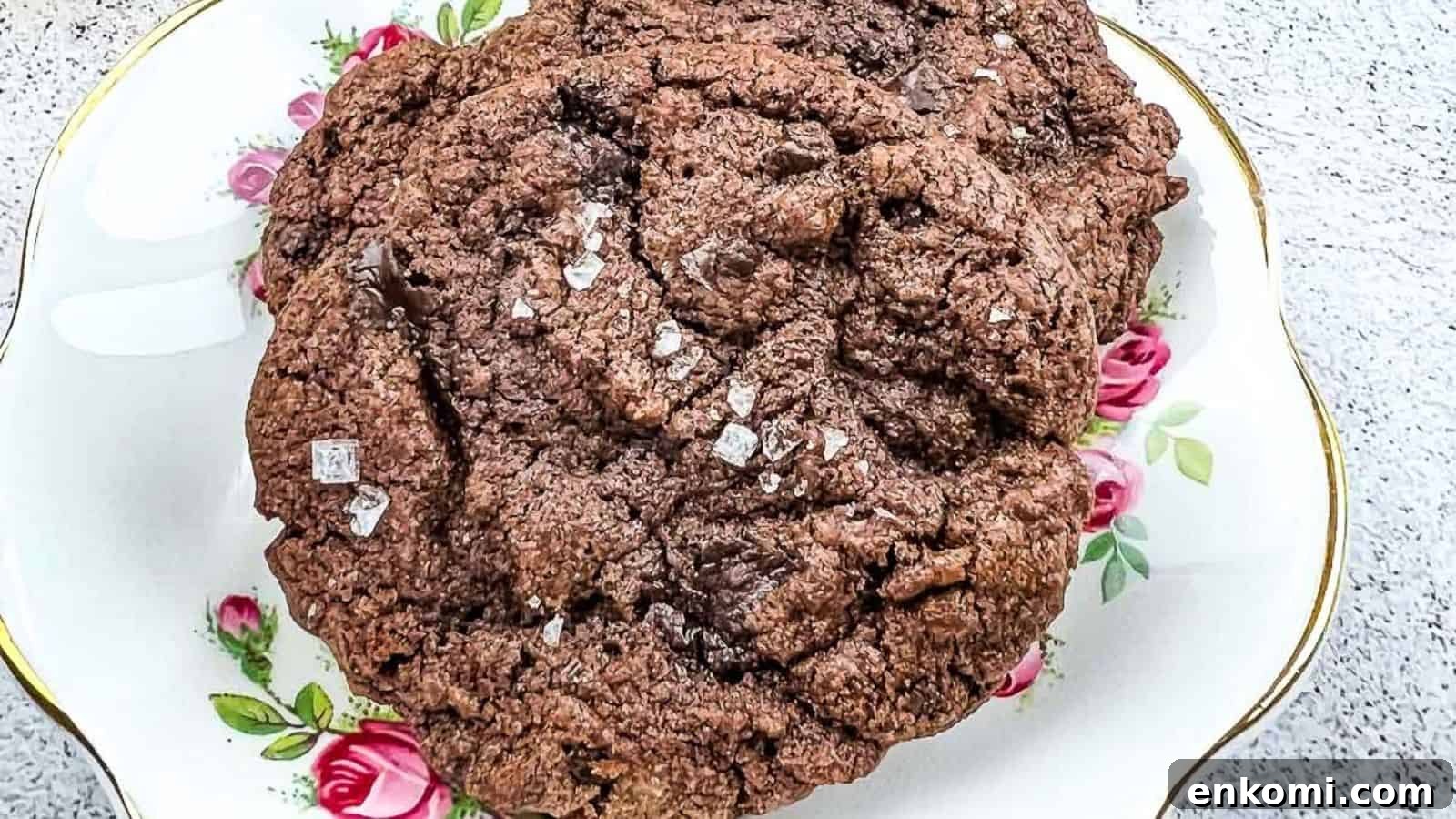 29 Fall Desserts That Bring Generations of Flavor Together 9 A close-up of a large chocolate cookie sprinkled with coarse salt, placed on a decorative plate with pink rose patterns.