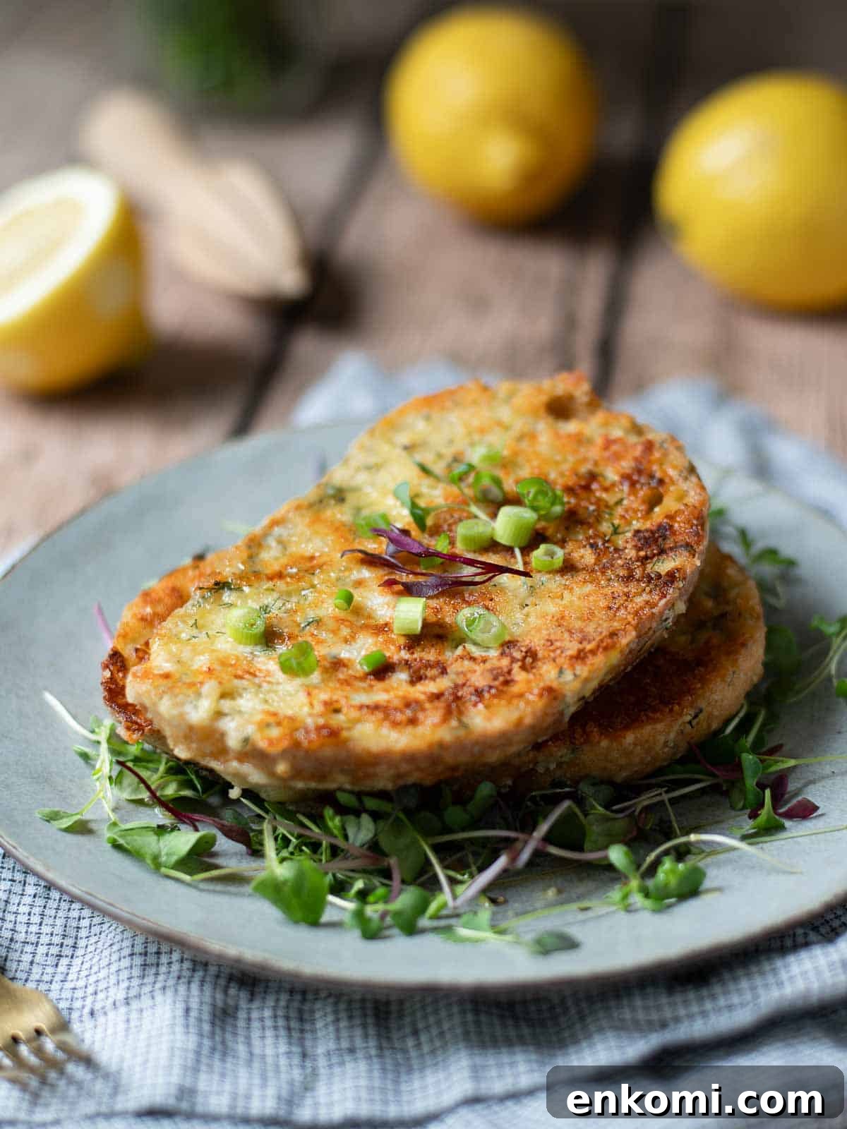 Parmesan, Lemon & Herb Savory French Toast Recipe 2 Angled view of savory French toast on grey plate with lemons in the background.