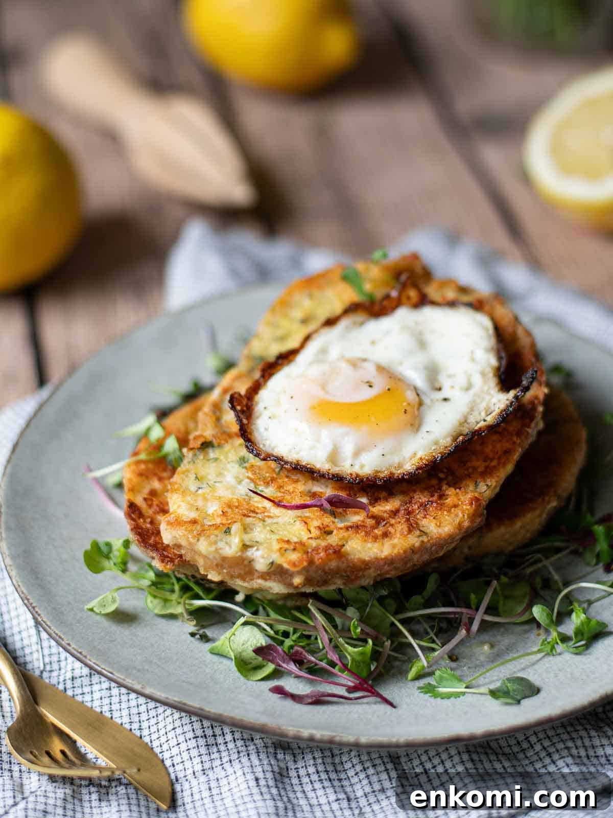 Parmesan, Lemon & Herb Savory French Toast Recipe 11 Angled view of savory French toast with a fried egg on top over greens.