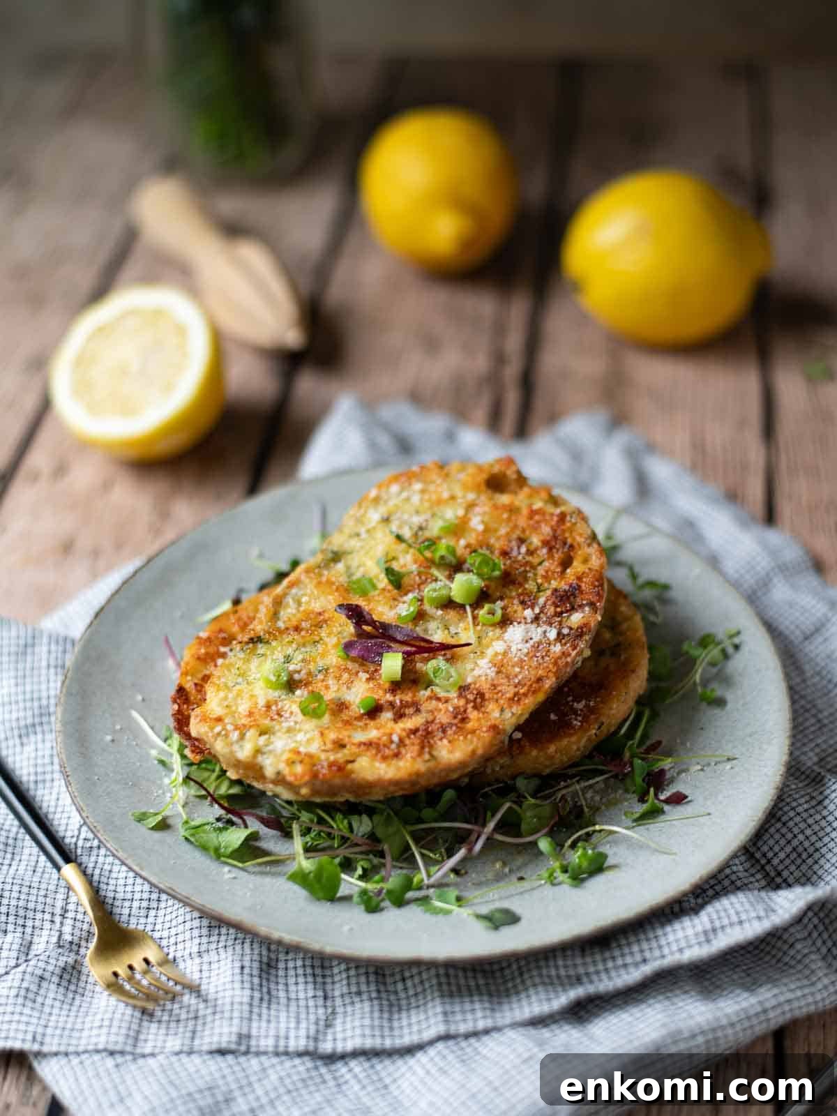 Parmesan, Lemon & Herb Savory French Toast Recipe 10 A plate of French toast over microgreens on a wooden table with lemons.