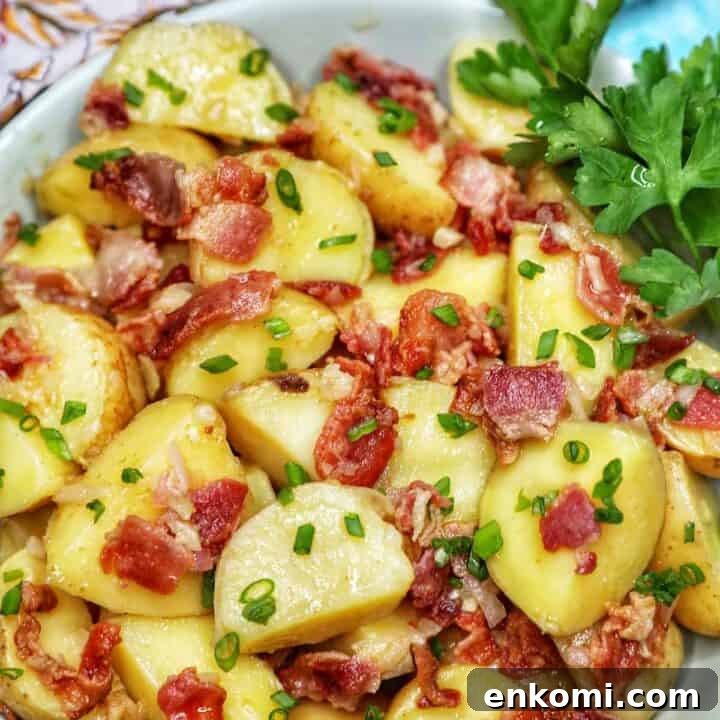farther away photo of bowl of baby potato salad with bacon
