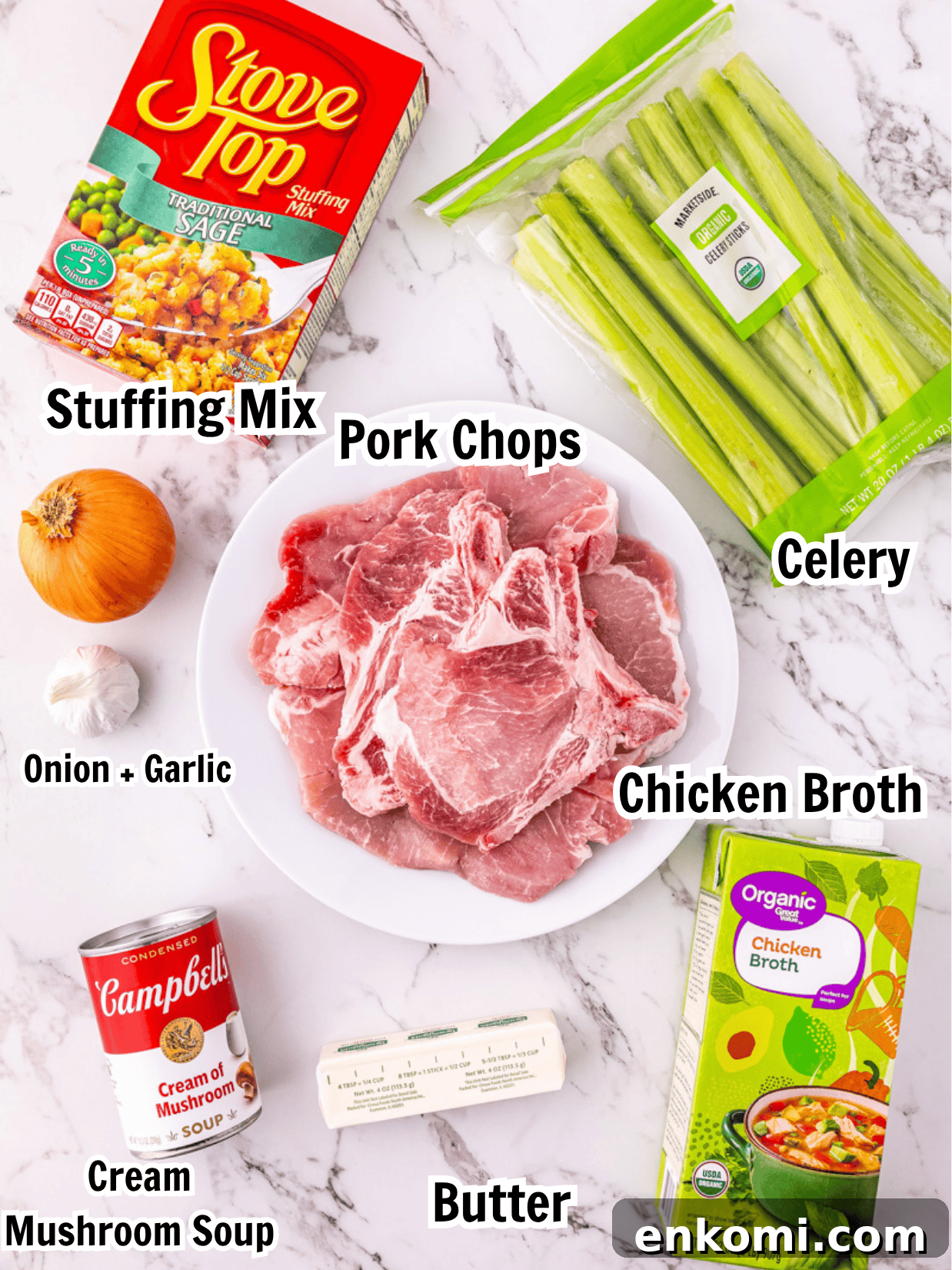 ingredients including stuffing mix, celery, onion, pork chops, garlic, broth, butter, and cream soup. 