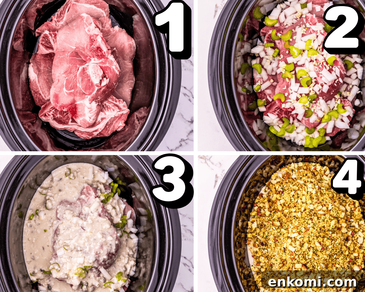 a 4 image collage showing how to layer pork chops, onion, celery, soup, and stuffing in a crock pot.