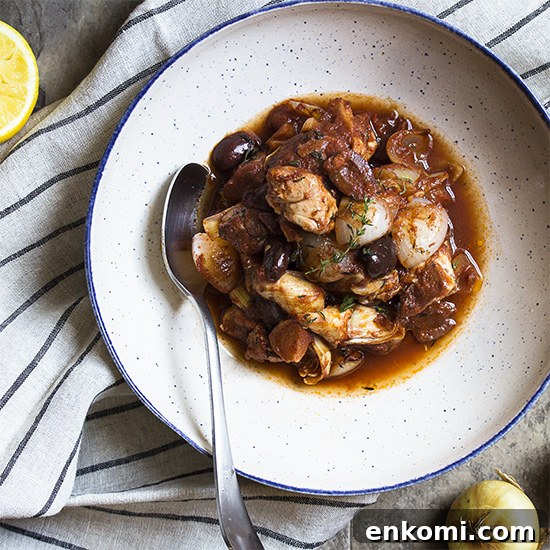 Chicken stifado is a delicious and healthy Greek stew which cooks in 30 minutes, making it easy comfort food for a weeknight. In this stew chicken thighs are marinated in a red and herb marinade then browned and cooked together with artichokes, tomatoes, and plenty of onions. Great over orzo, mashed potatoes, or noodles.