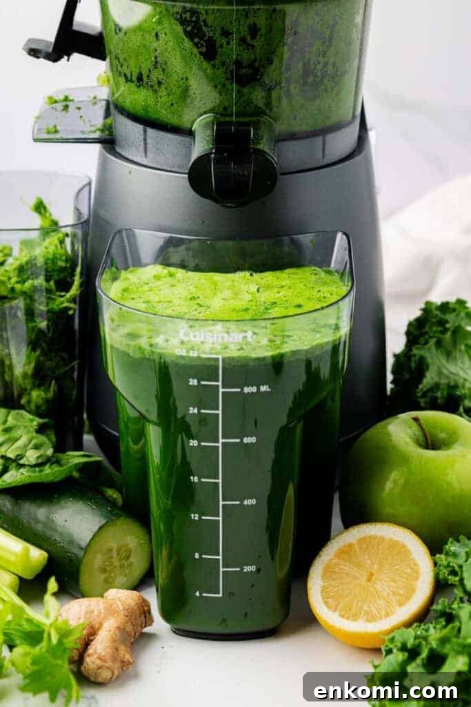 Refreshing Homemade Green Juice Recipe for Energy and Detox 6 green juice next to a juicer