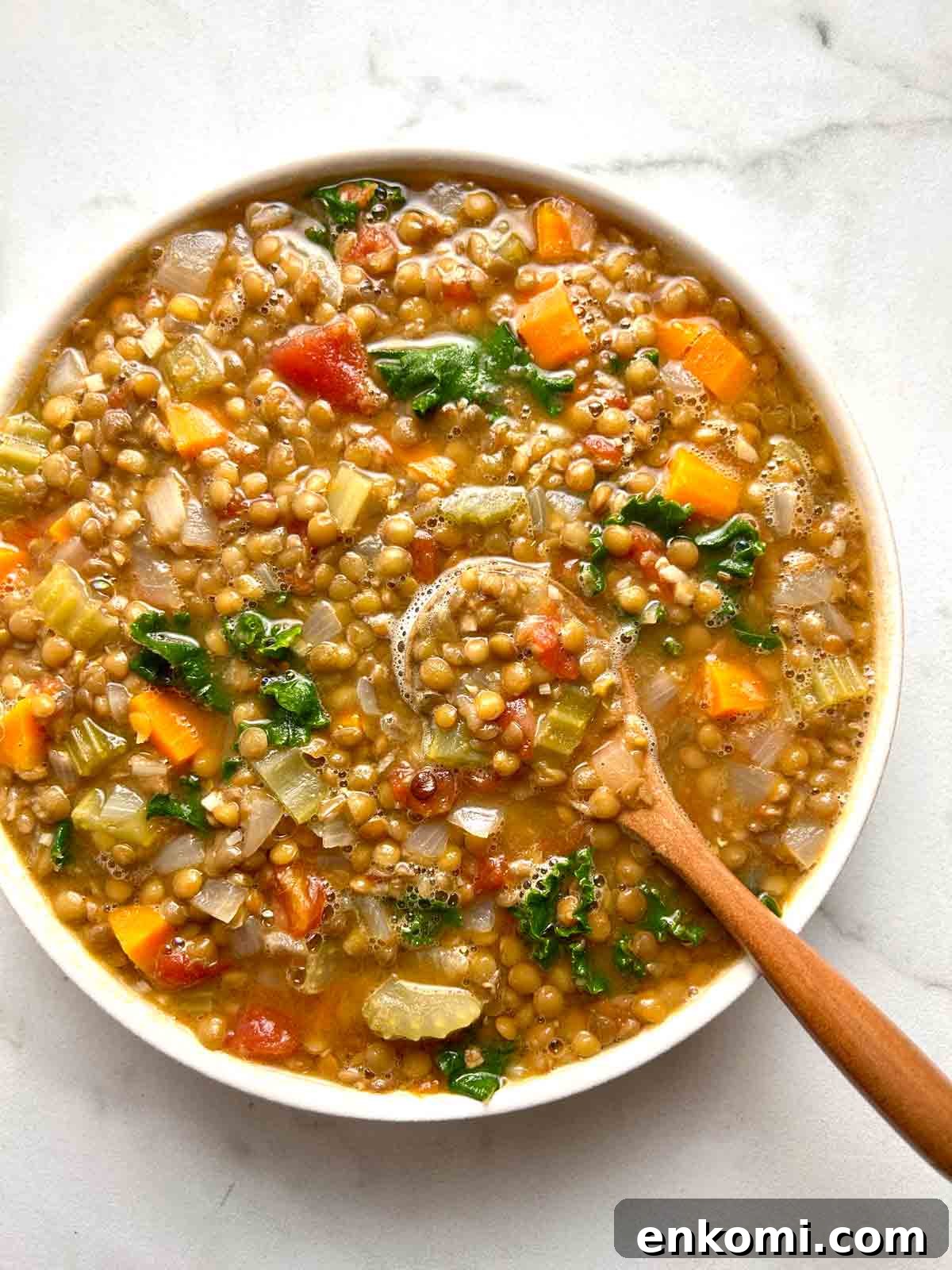 close up of lentil soup in bowl.