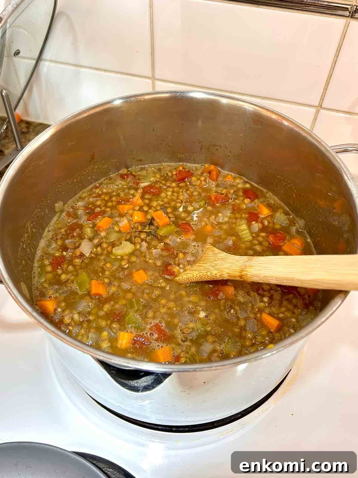 lentils, tomatoes, and broth added to pot.