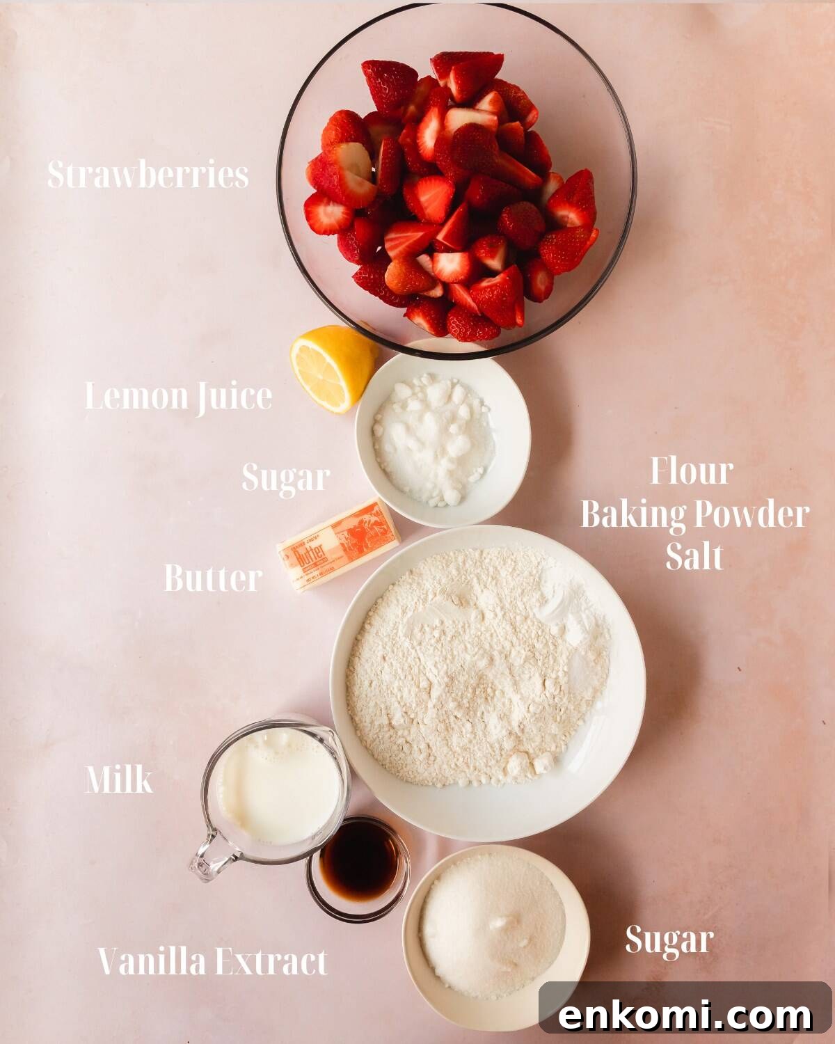 Strawberry Layer: Gather fresh strawberries, lemon juice and sugar. Biscuit Layer: Gather butter, flour, baking powder, sugar, salt, milk and vanilla extract.