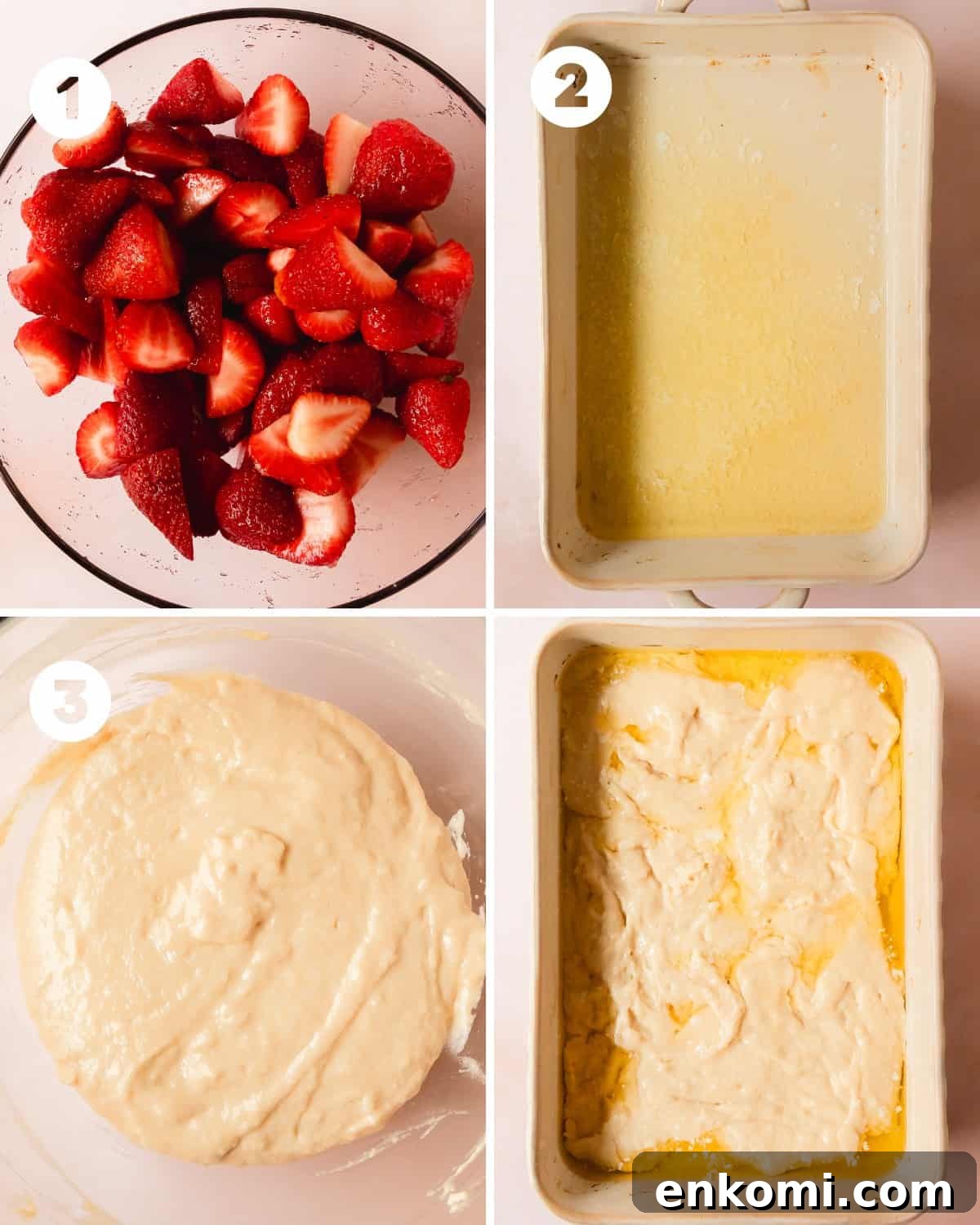 Steps to prepare strawberry cobbler: macerate strawberries, melt butter in baking dish, mix biscuit batter, layer and bake.