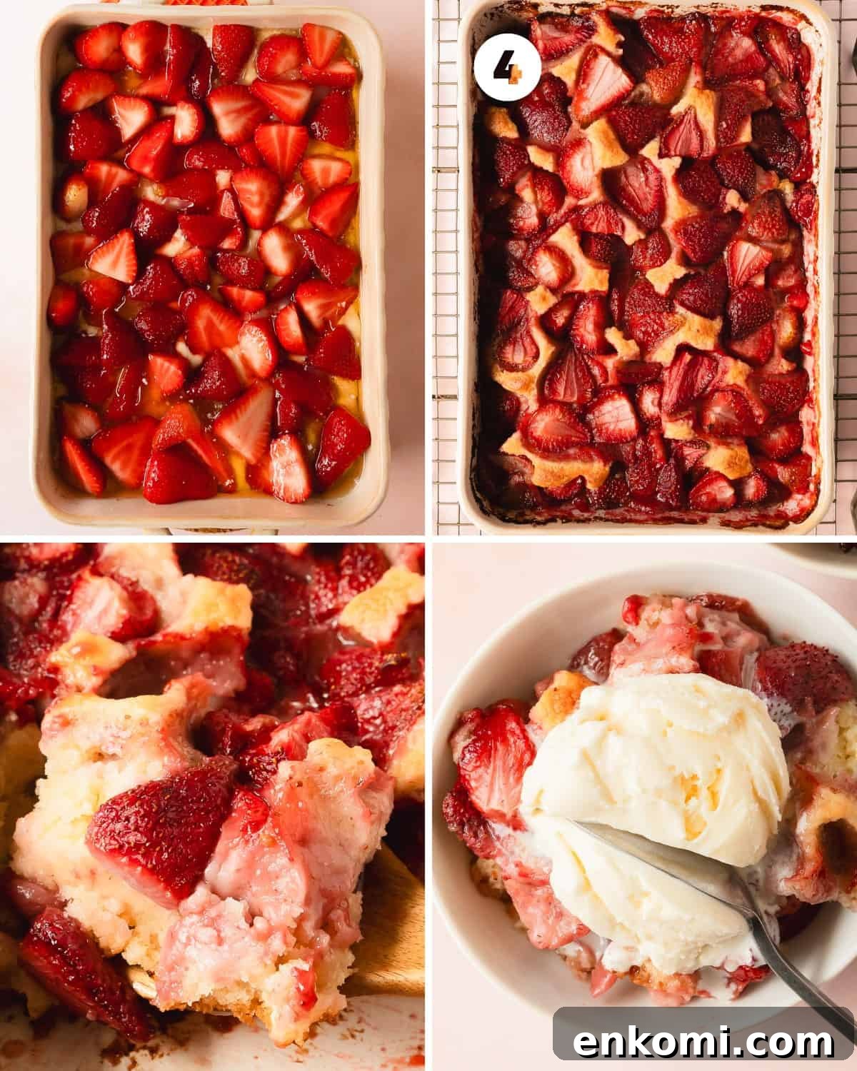 Bake the strawberry cobbler for 40 - 55 minutes or until the top is a beautiful golden brown and the strawberry juices are bubbling.
