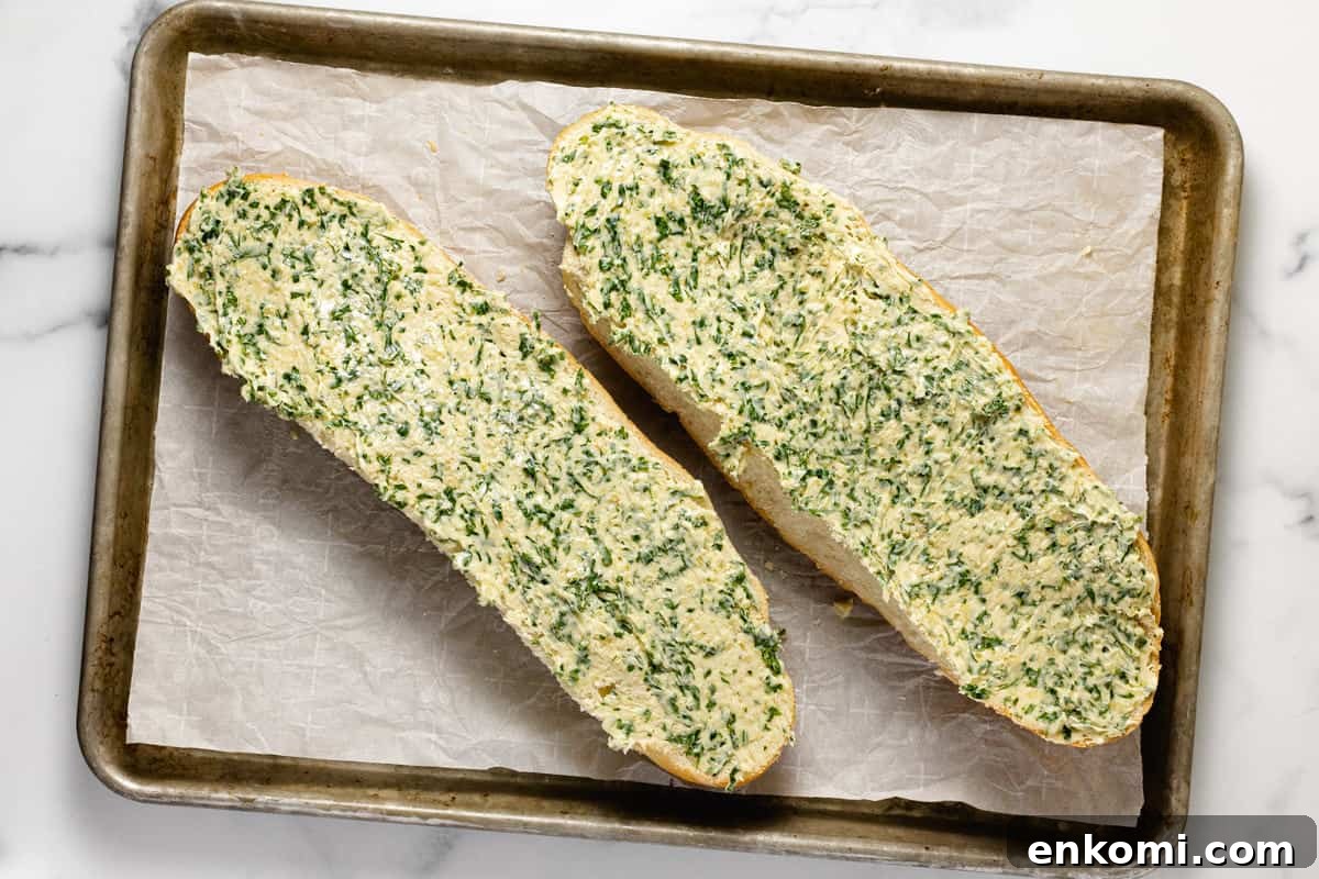 Baking sheet with homemade garlic bread
