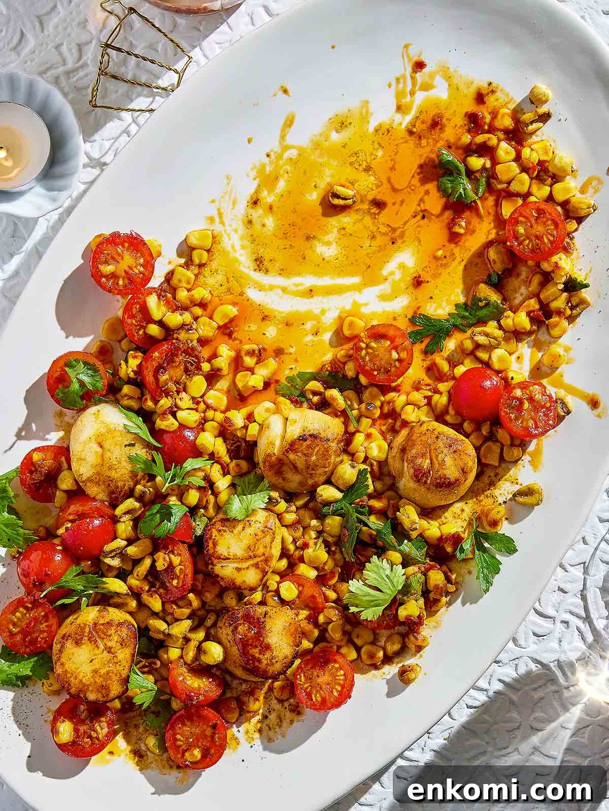 Grilled Corn & Scallop Salad with Zesty Lime Dressing 2 A white oval platter half-filled with charred corn and scallop salad.