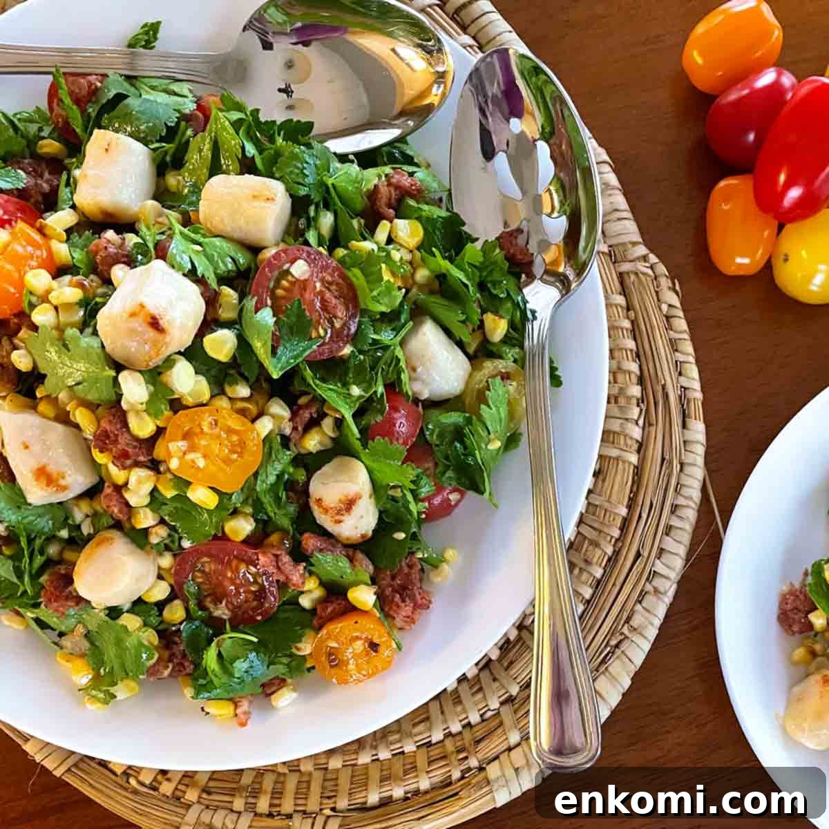 Grilled Corn & Scallop Salad with Zesty Lime Dressing 12 A white bowl filled with charred corn and scallop salad with two spoons on the side.