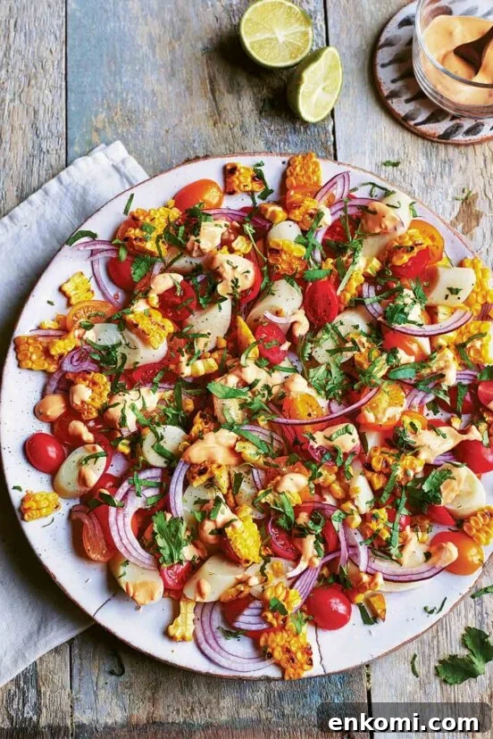 A white plate filled with charred corn salad and a halved lime and bowl of dressing on the side.