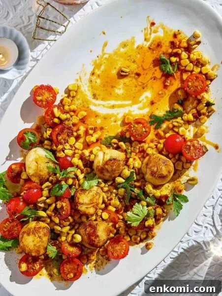 A white oval platter half-filled with charred corn and scallop salad.