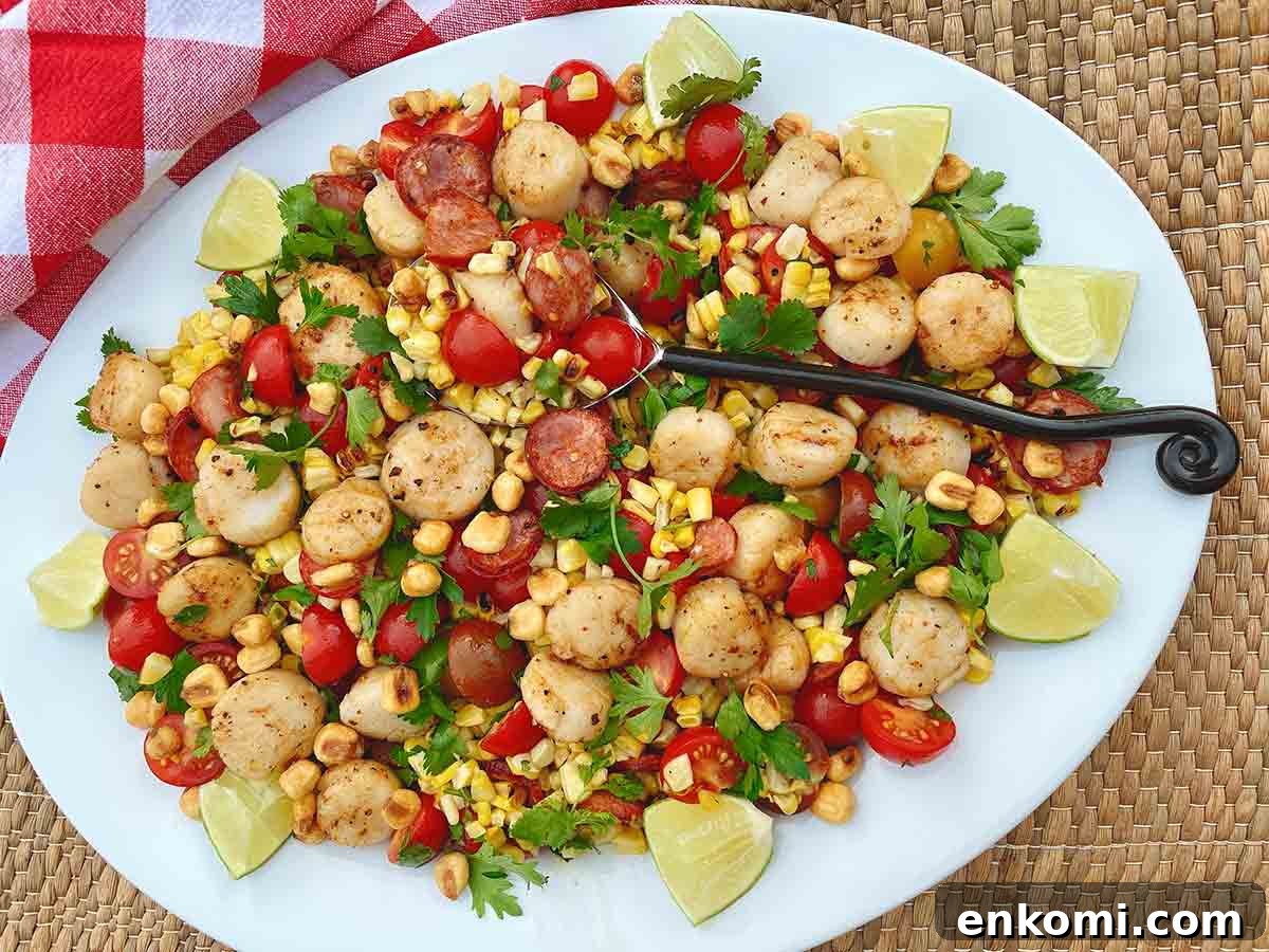 Grilled Corn & Scallop Salad with Zesty Lime Dressing 10 A white oval platter topped with charred corn and scallop salad, garnished with cilantro and lime wedges.