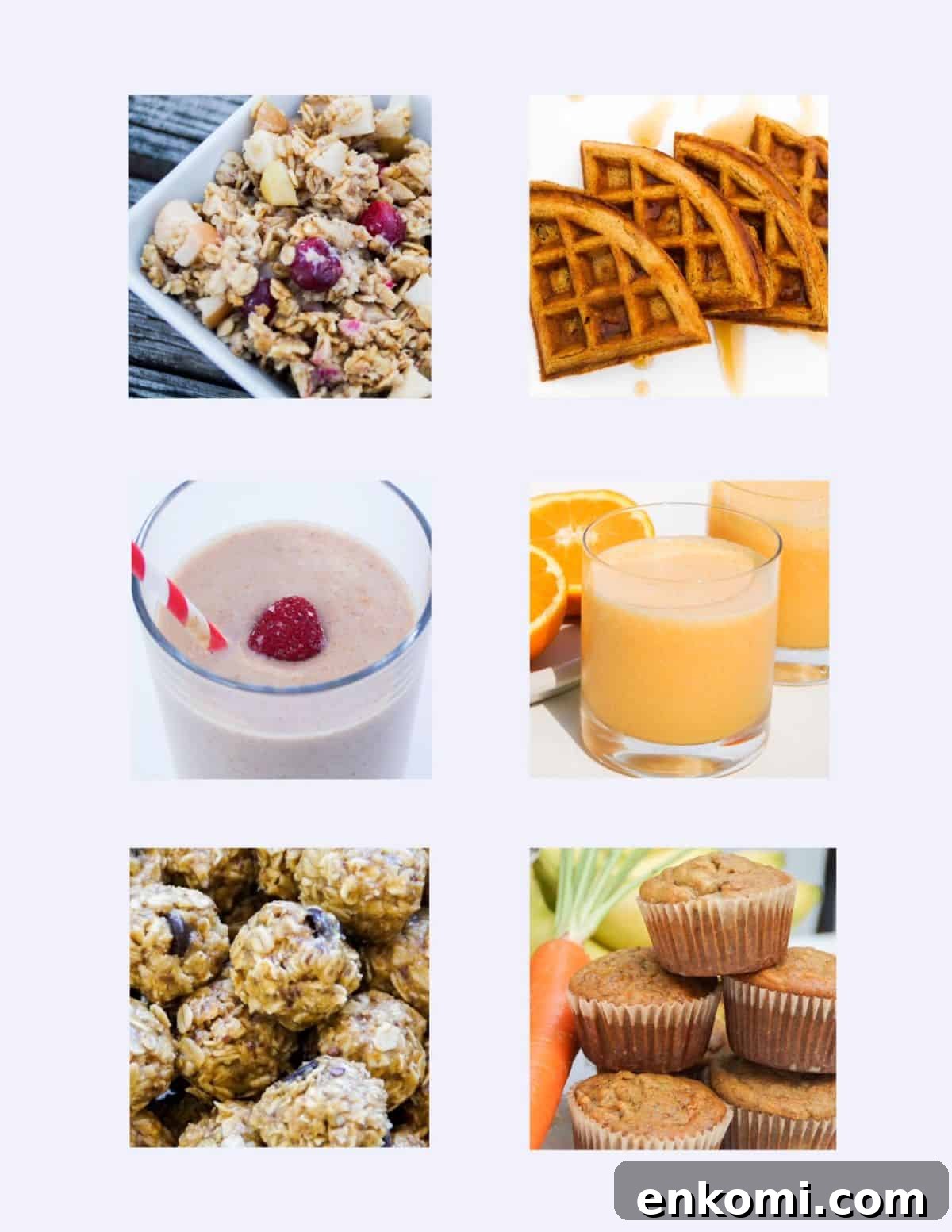 20 Breakfast Ideas for Kids on Busy Mornings 2 Photo collage with six photos, two photos in each of three rows. Apple Oatmeal Bake with cranberries, pumpkin waffles drizzled with maple syrup, strawberry peanut butter smoothie with one frozen strawberry on top and a red and white striped straw, orange carrot oatmilk smoothie with sliced orange in the background, peanut butter oat balls with chocolate chips, and banana carrot muffins stacked with a fresh carrot to the left.