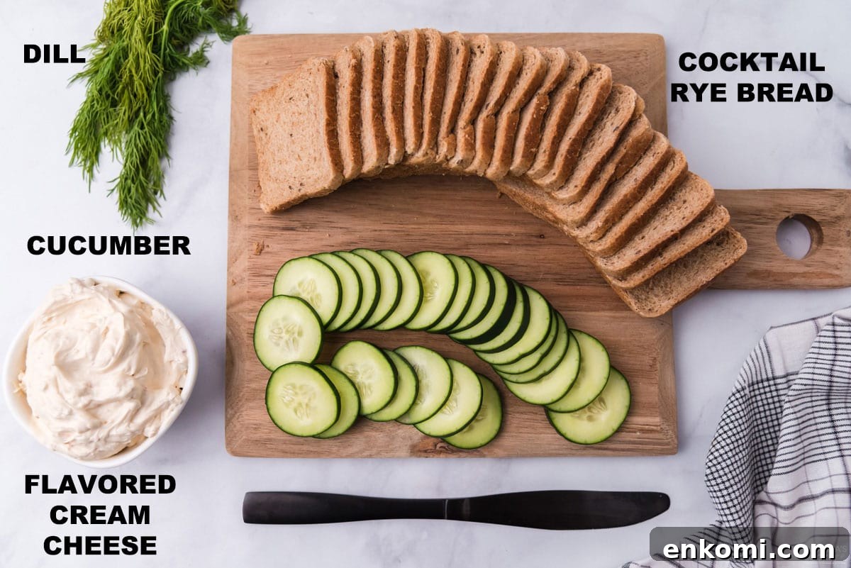 Mini Cucumber Tea Sandwiches for Parties and Picnics 4 labeled ingredients for mini cucumber sandwiches