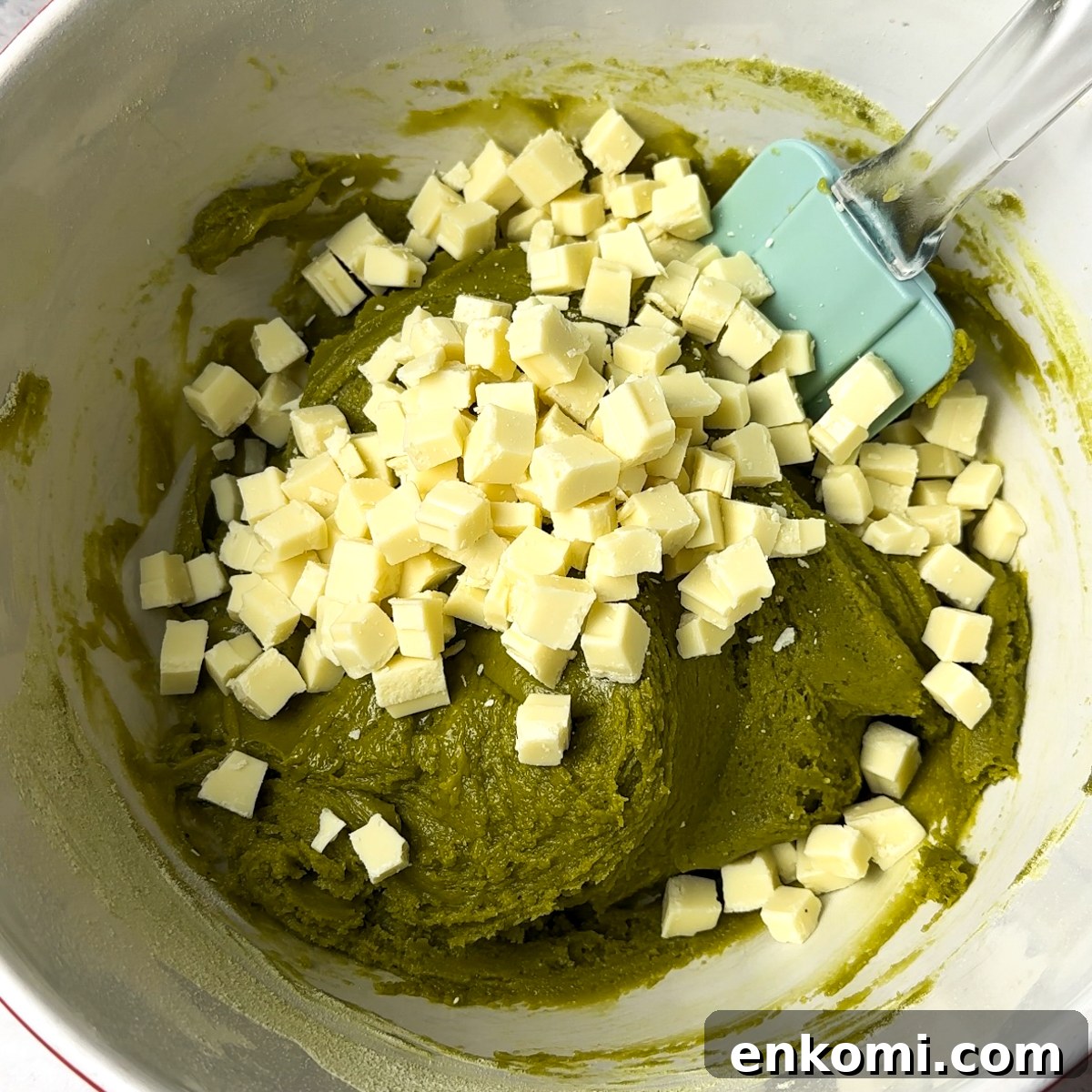 Brown Butter Matcha Cookies Recipe 5 add dry ingredients & white chocolate chunks.