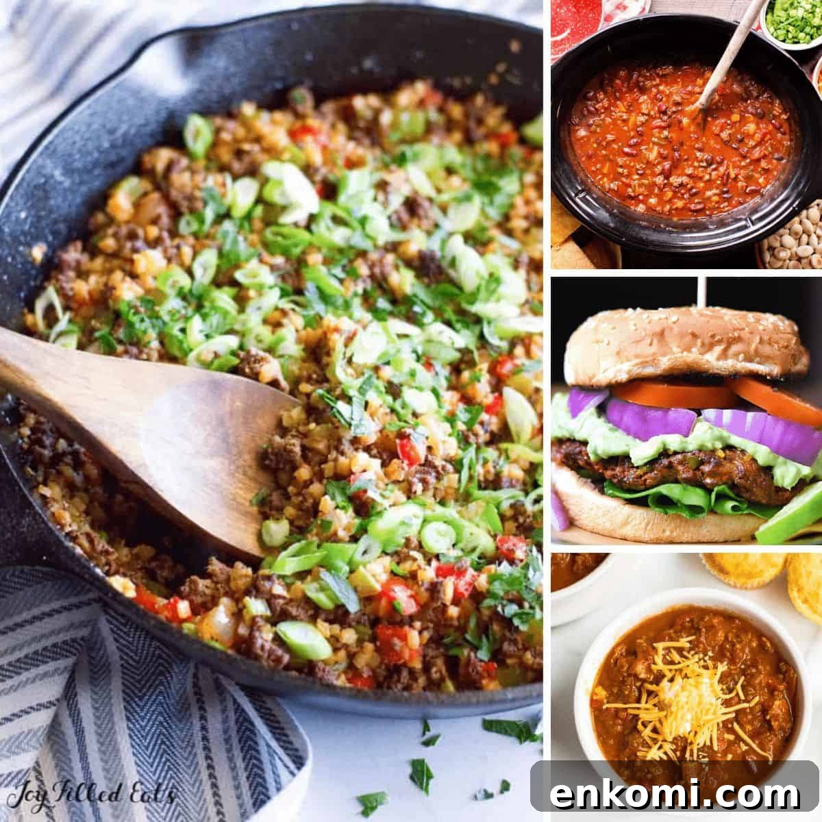 A collection of delicious ground venison recipes, dirty cauliflower rice, chili, slow cooker chili, and a juicy burger.