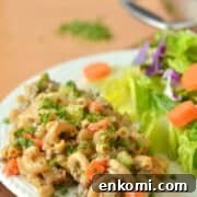 Ground venison hamburger helper on a plate with salad.