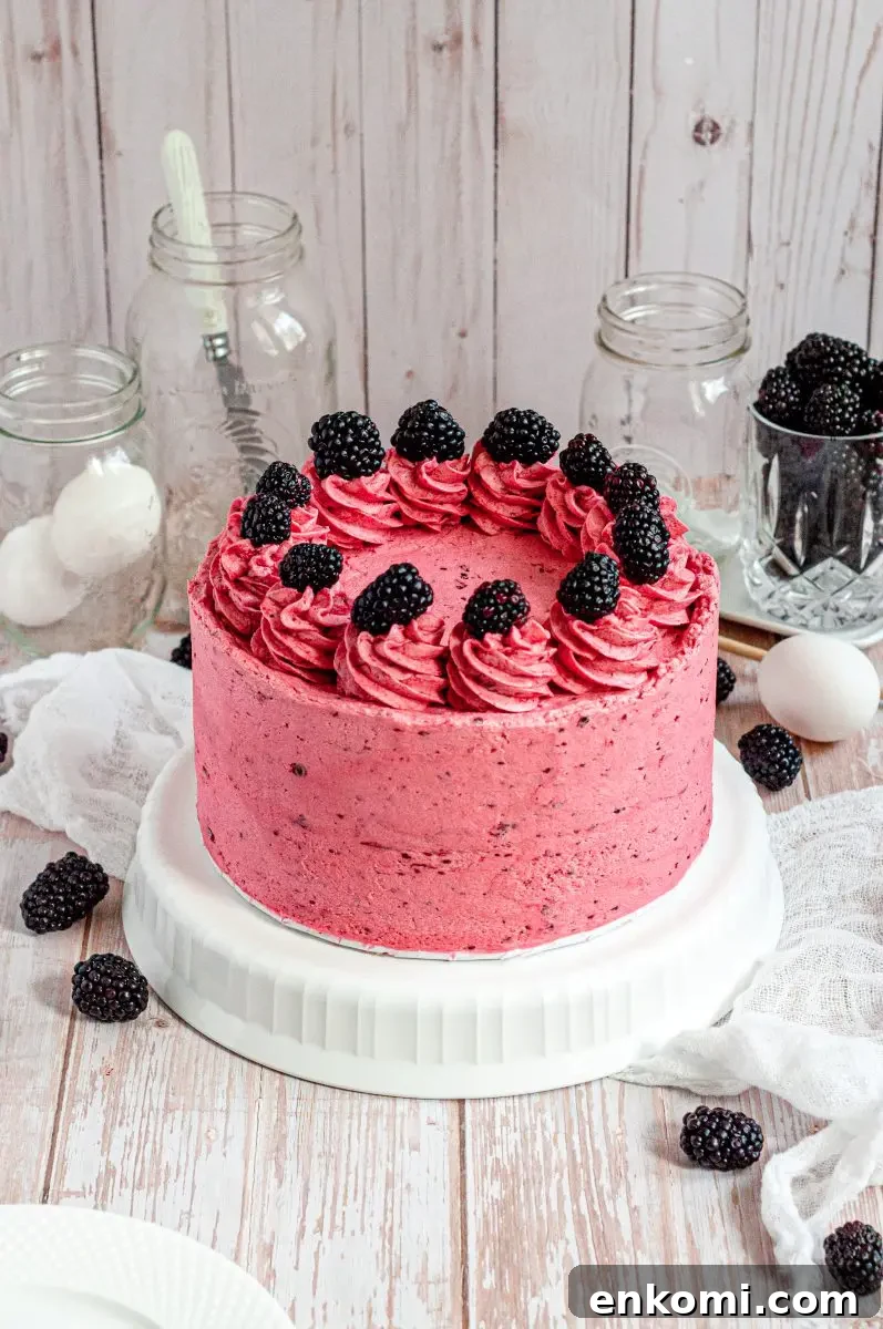 Gluten-Free Honey & Blackberry Cake — Dairy-Free Summer Dessert 2 A bright pink gluten-free frosted honey blackberry cake topped with frosting swirls and fresh blackberries.
