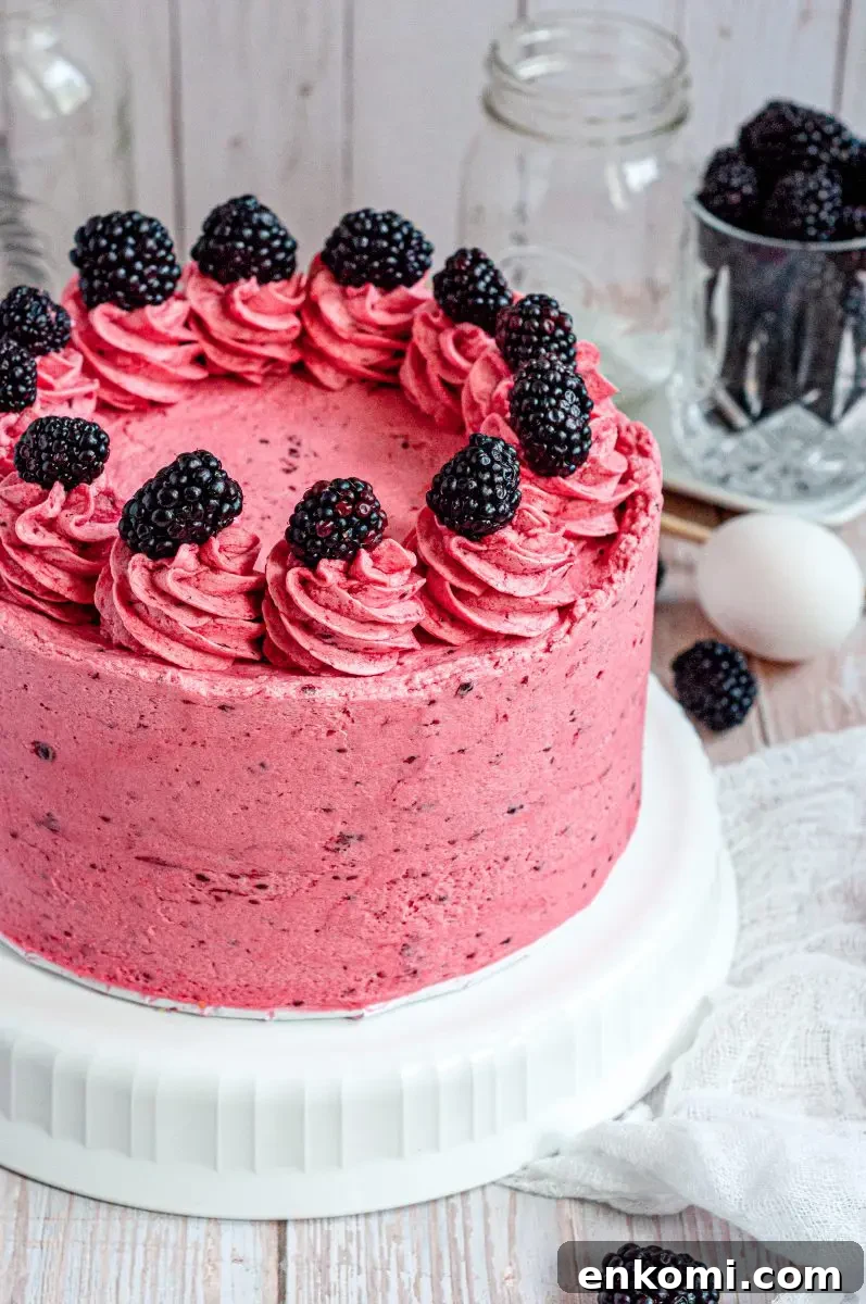 Gluten-Free Honey & Blackberry Cake — Dairy-Free Summer Dessert 4 A bright pink gluten-free frosted honey blackberry cake topped with frosting swirls and fresh blackberries.