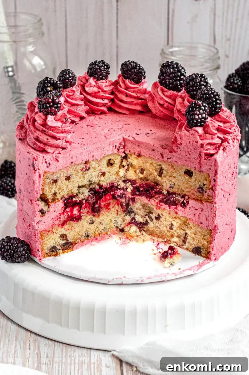 Gluten-Free Honey & Blackberry Cake — Dairy-Free Summer Dessert 8 A bright pink gluten-free frosted honey blackberry cake topped with frosting swirls and fresh blackberries.