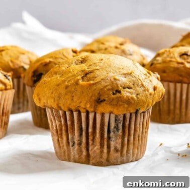 completed Vegan Pumpkin Chocolate Chip Muffins on a white surface