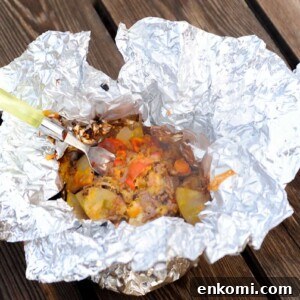 open hobo stew packet on table.
