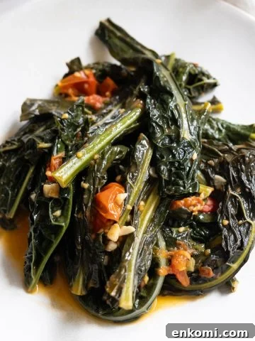 finished lacinato kale recipe braised with cherry tomatoes and garlic