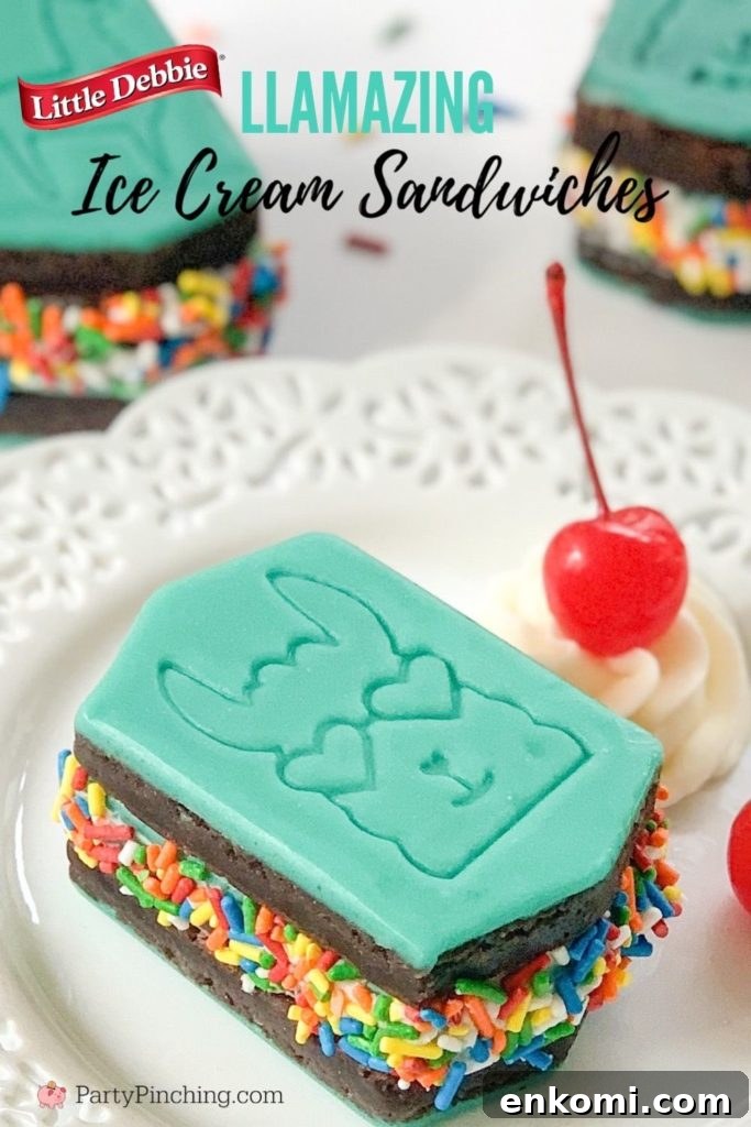 llama ice cream sandwiches, little debbie llama brownies, best ice cream sandwich recipe, best brownie ice cream sandwich recipe, ice cream sandwich with rainbow sprinkles, teal frosting icing, best llama party ideas, party pinching