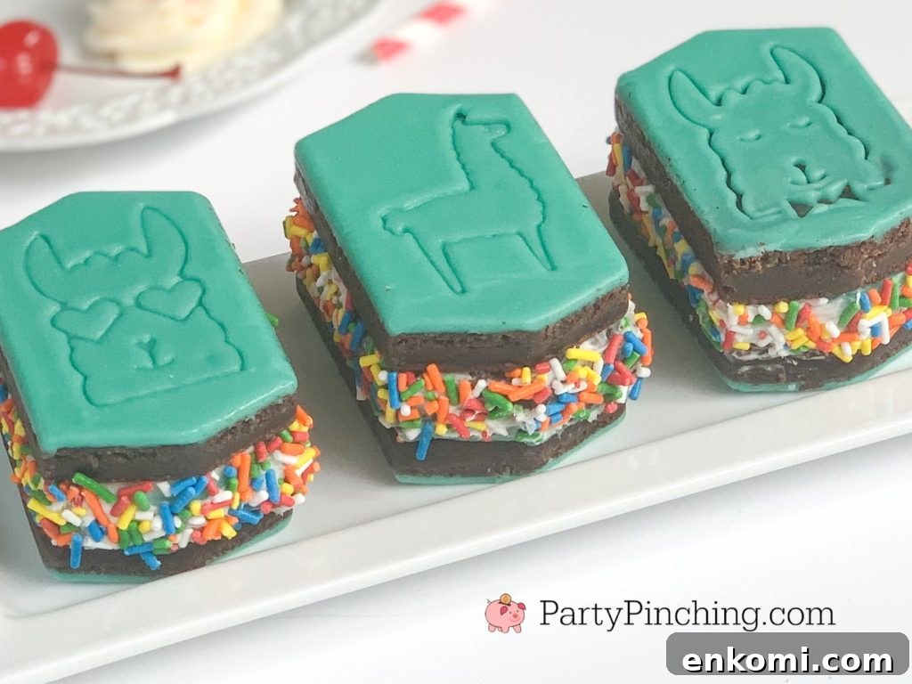 llama ice cream sandwiches, little debbie llama brownies, best ice cream sandwich recipe, best brownie ice cream sandwich recipe, ice cream sandwich with rainbow sprinkles, teal frosting icing, best llama party ideas, party pinching