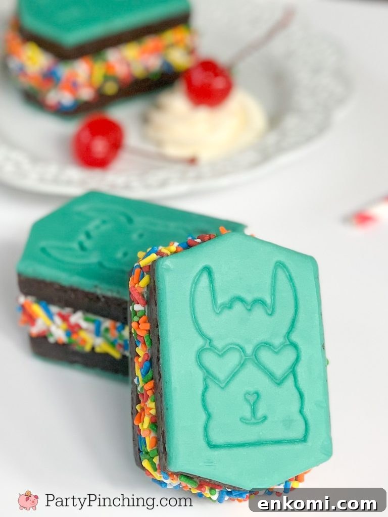 llama ice cream sandwiches, little debbie llama brownies, best ice cream sandwich recipe, best brownie ice cream sandwich recipe, ice cream sandwich with rainbow sprinkles, teal frosting icing, best llama party ideas, party pinching