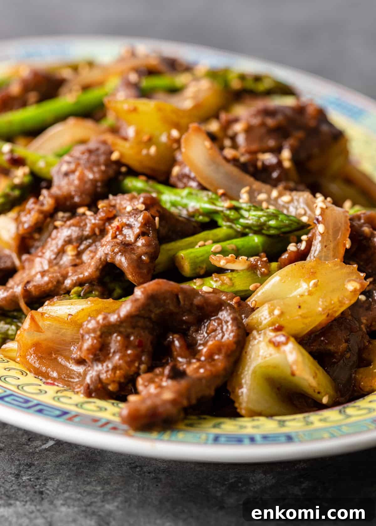 closeup: my beef with black bean sauce recipe with onion, celery and asparagus