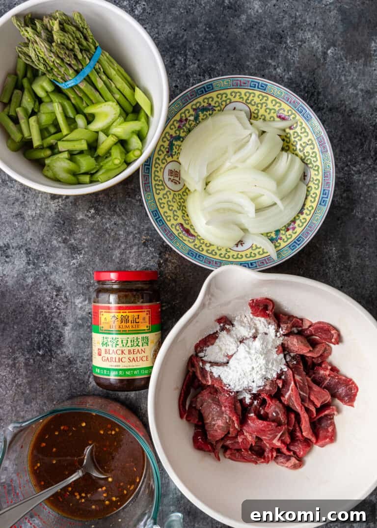 overhead: bowls of ingredients for my beef with black bean sauce recipe