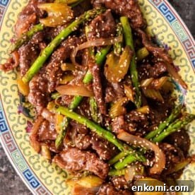 overhead: chinese stir fry with sirloin and vegetables