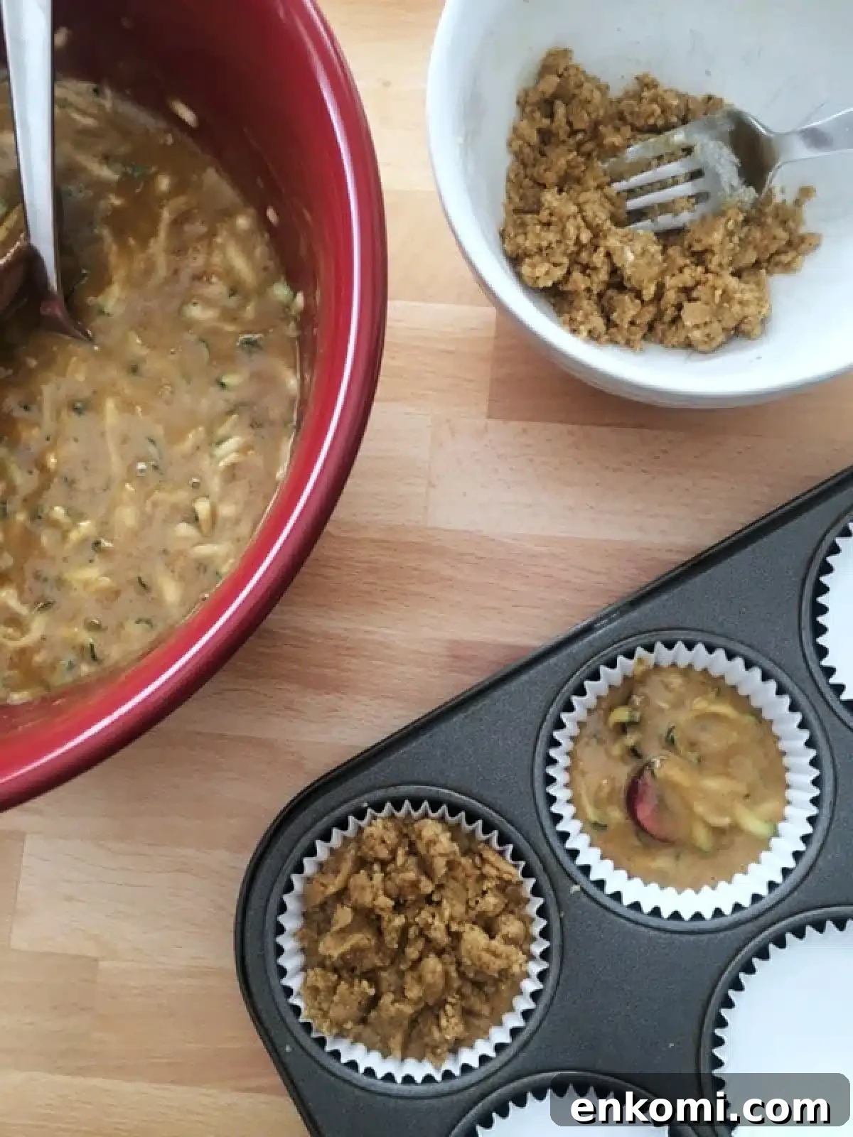 How to make cherry zucchini muffins: bowl of batter, batter scooped into muffin tins, crumb topping on top.
