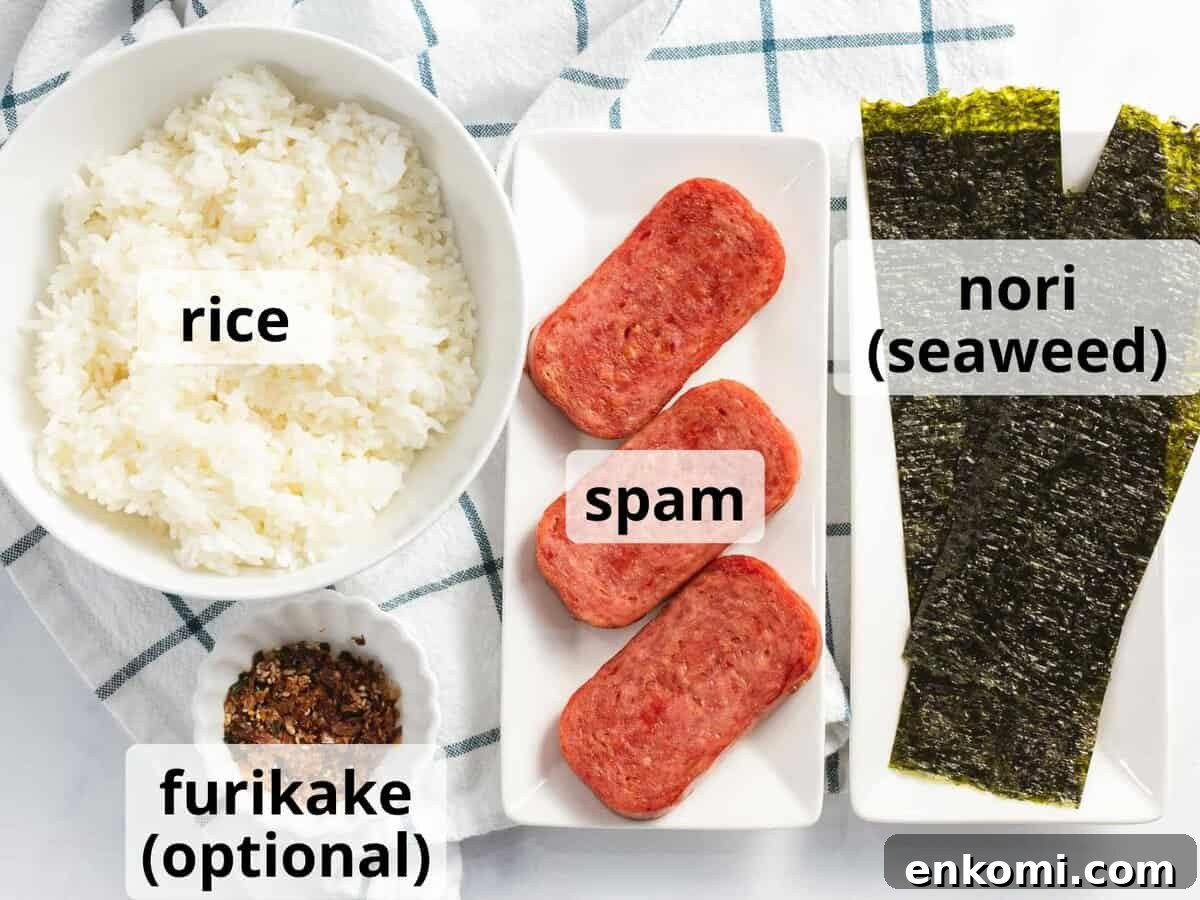 Authentic Hawaiian Spam Musubi Recipe 4 Ingredients for spam musubi with text.