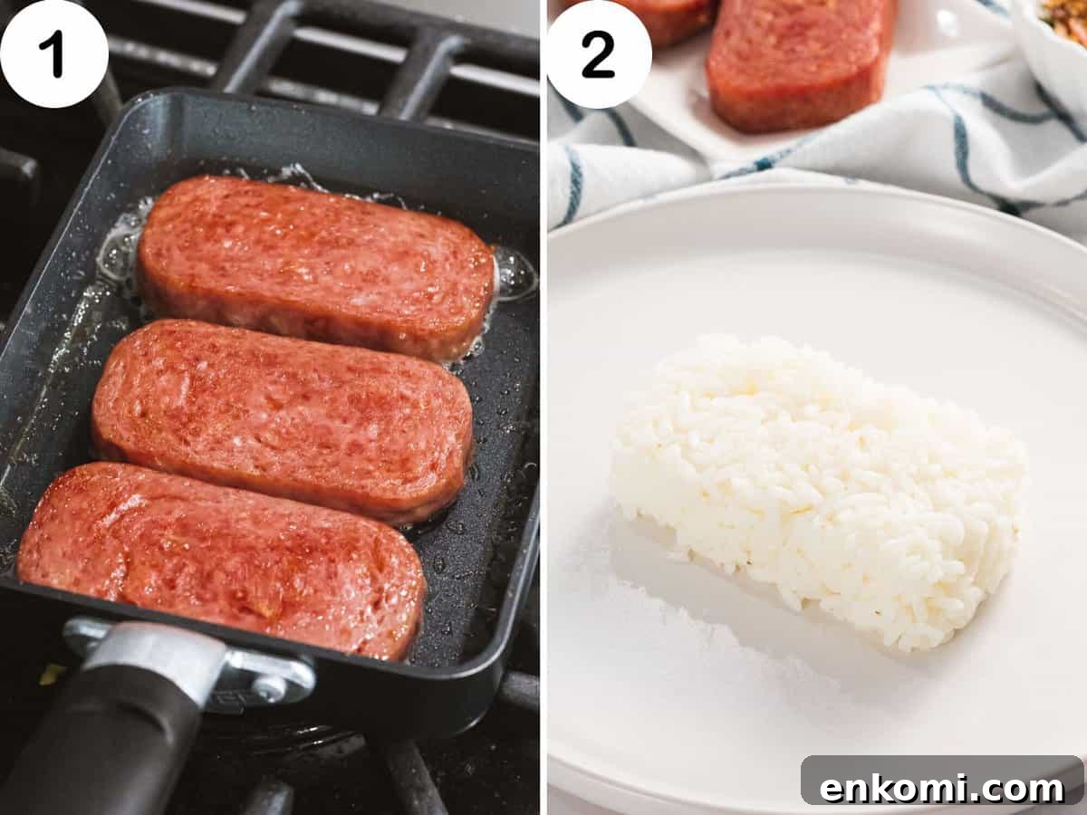 Authentic Hawaiian Spam Musubi Recipe 5 Spam fried in a pan next to molded rice.