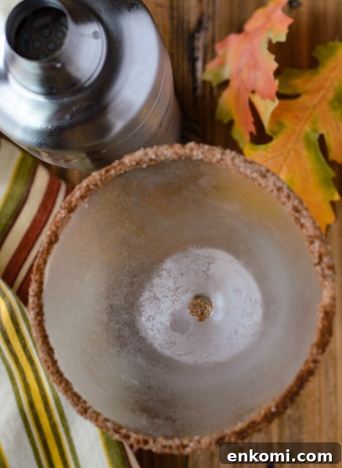A chilled martini glass with a spiced sugared rim beside a cocktail shaker, fall leaves and a striped napkin.