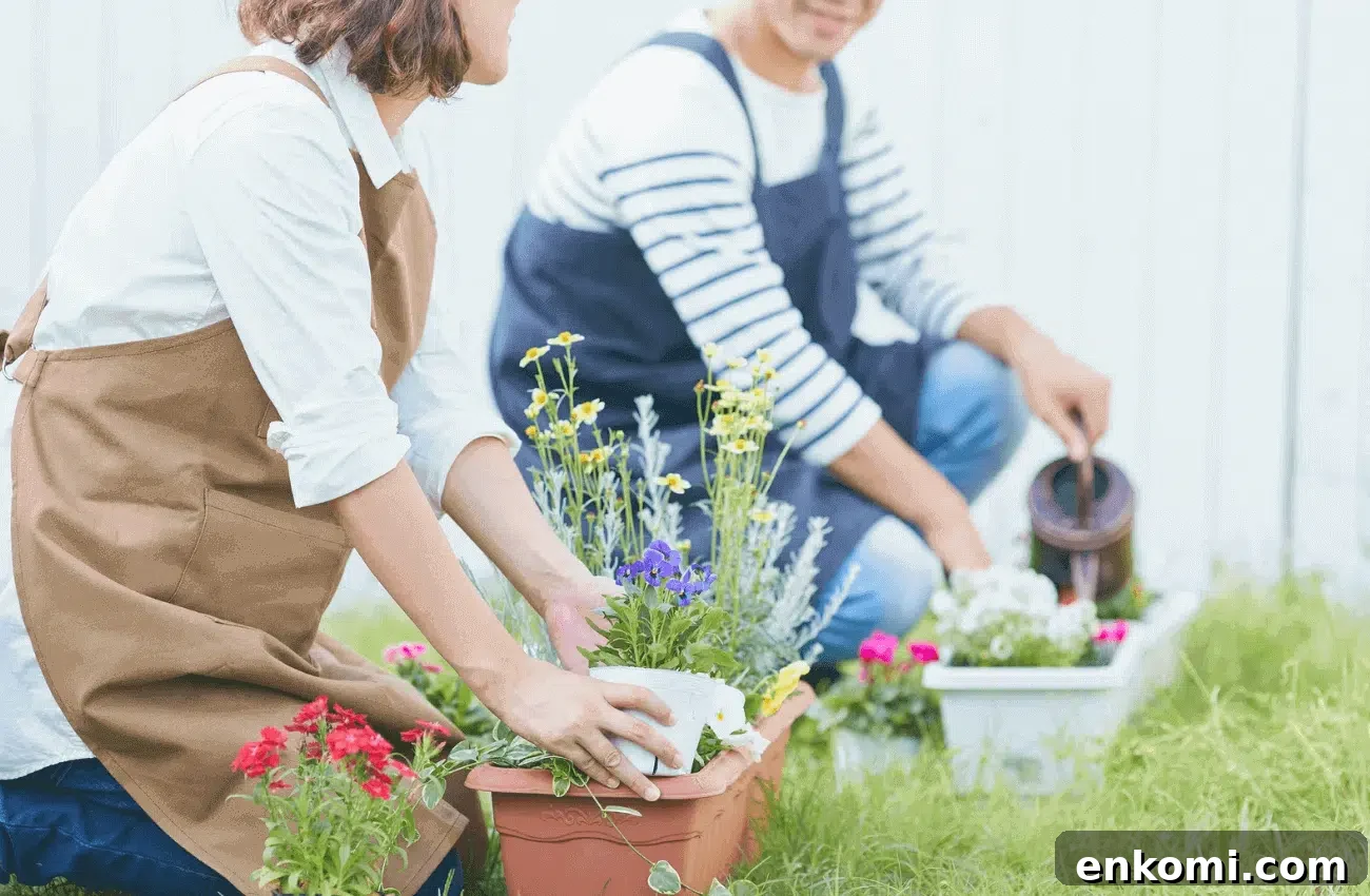 A couple practicing mindful gardening on grass