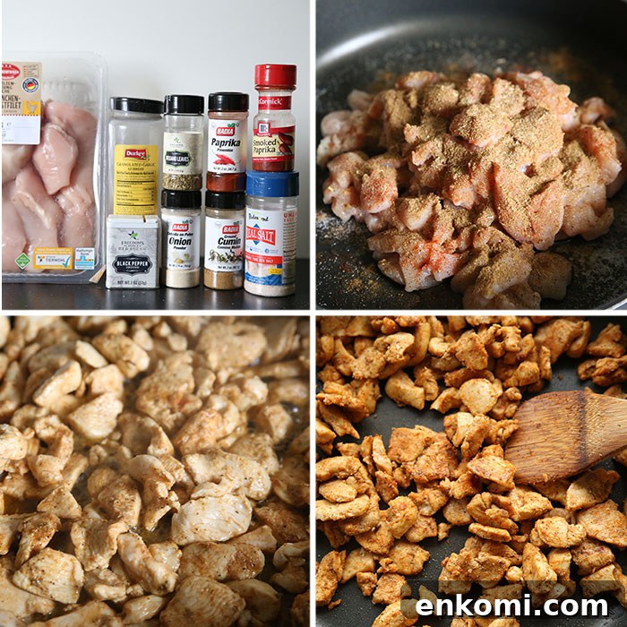Four-photo collage showing steps for making Easy Skillet Chicken Taco Meat.