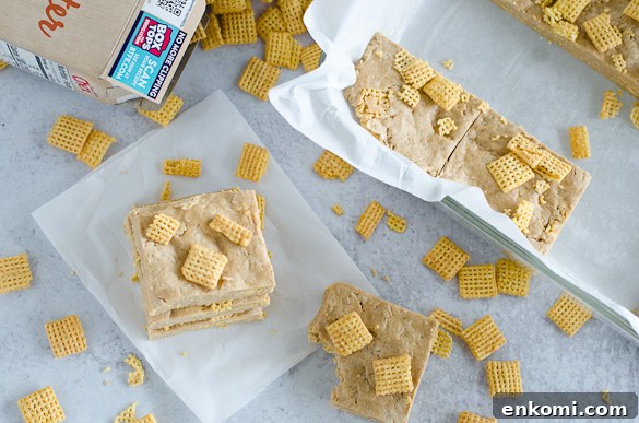 Overhead of homemade protein bars with Chex cereal